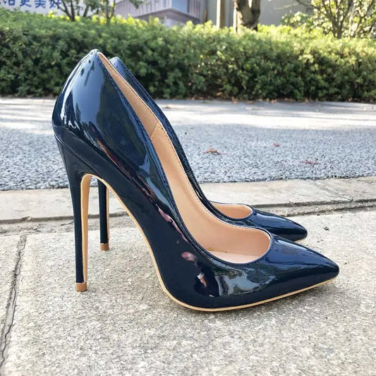 Navy Blue Patent Low Cut Pointy Toe Stiletto Pumps for Women