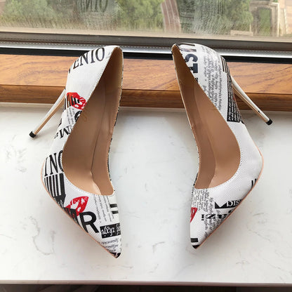 White Pointy Toe High Heel Dress Shoes with Graphic Print for Women