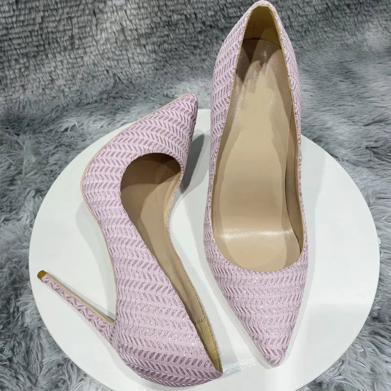 Embossed Pink Fabric Pointy Toe High Heel Party Wedding Shoes for Women