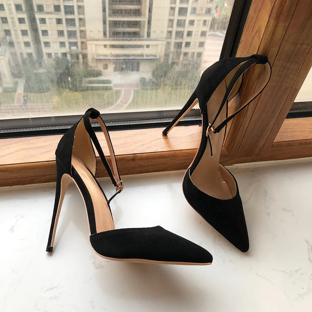 Black Flock Ankle Strap Pointy Toe High Heel Shoes for Women