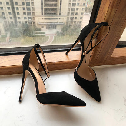 Black Flock Ankle Strap Pointy Toe High Heel Shoes for Women