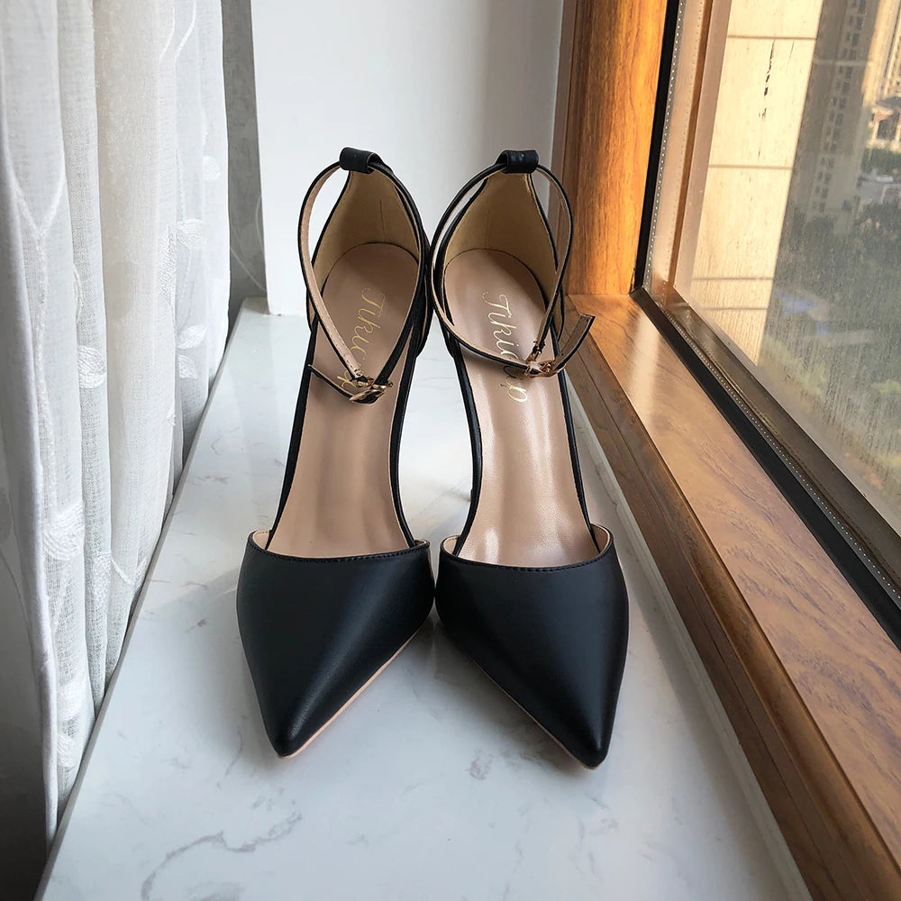 Black Matte Ankle Strap Pointy Toe High Heel Shoes for Women