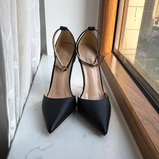 Black Matte Ankle Strap Pointy Toe High Heel Shoes for Women