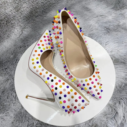 White Matte Pointy Toe High Heel Celebrity Party Shoes with Multi-Color Spikes for Women