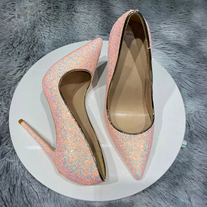 Pink Glitter Sequins Women Sexy Pumps for Wedding Party Slip On Pointed Toe Shoes