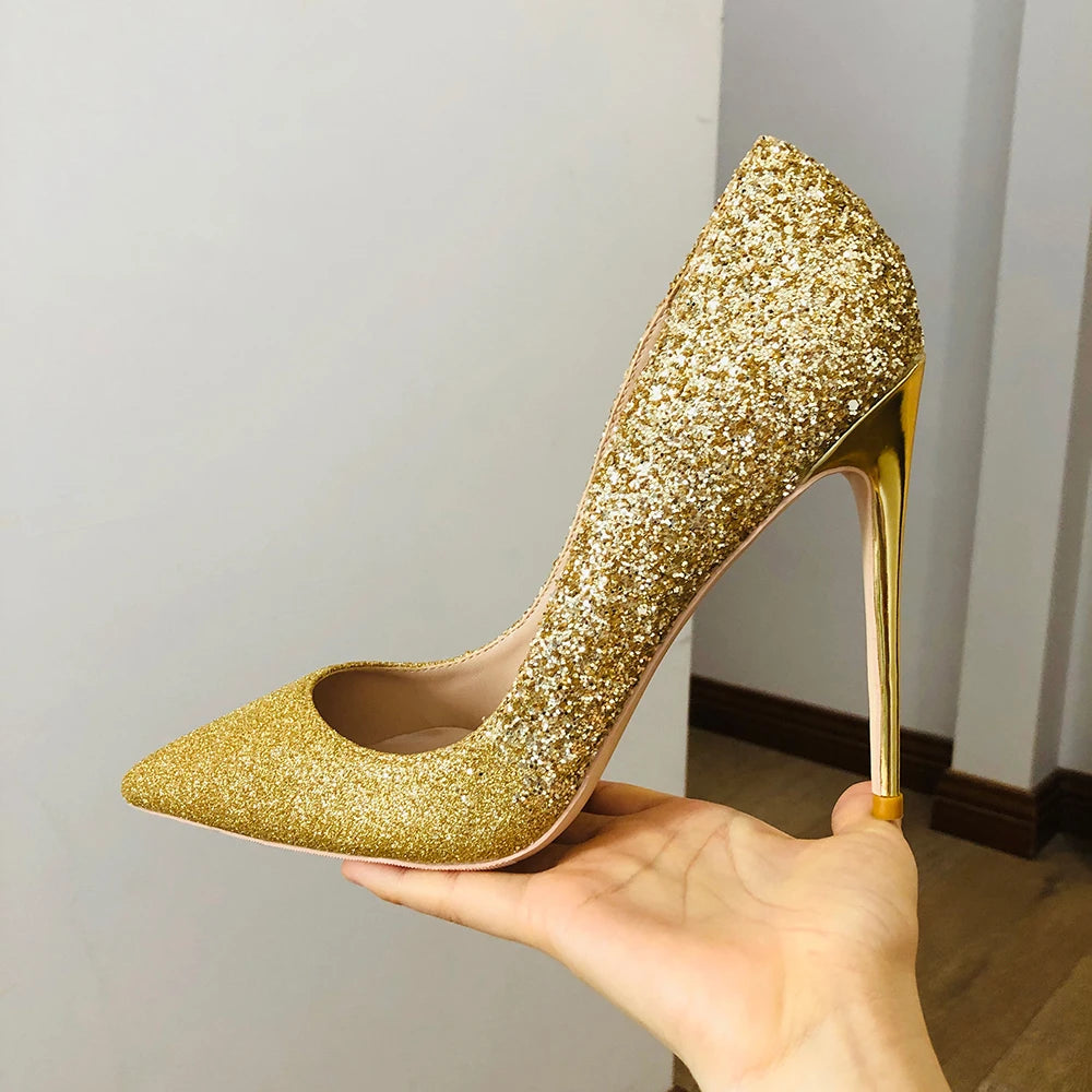 Gold Sequined Pointy Toe High Heel Wedding Bridal Shoes