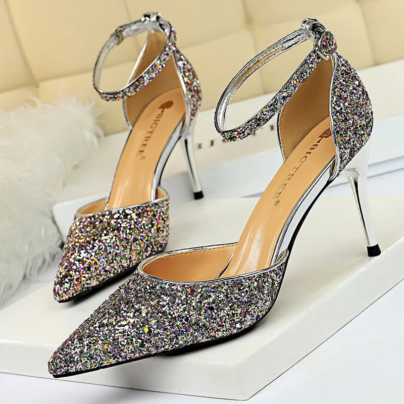 Sexy High Heels Sequins Women Pumps Fashion Wedding Shoes Hollow
