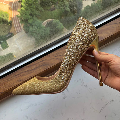 Gold Sequined Pointy Toe High Heel Wedding Bridal Shoes