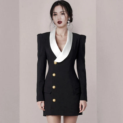 Notched Black White Patchwork Mini Dress