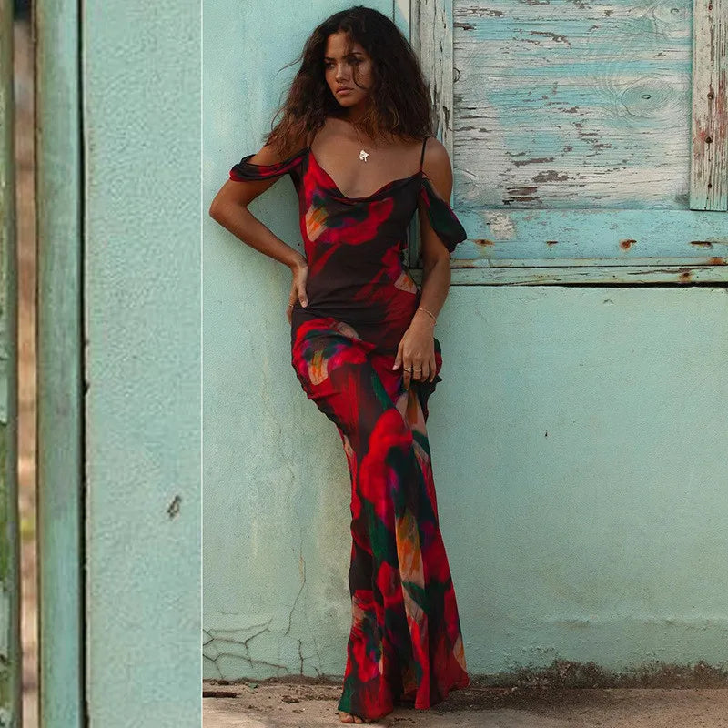 Mesh A-line Maxi Floral Dress