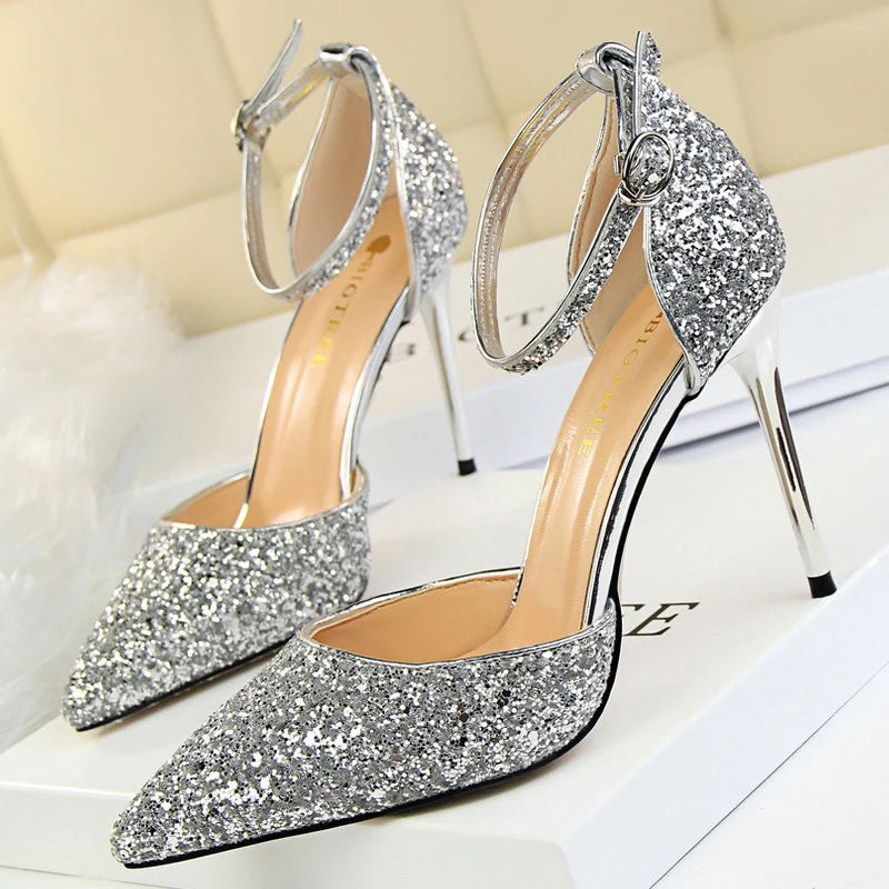 Sexy High Heels Sequins Women Pumps Fashion Wedding Shoes Hollow