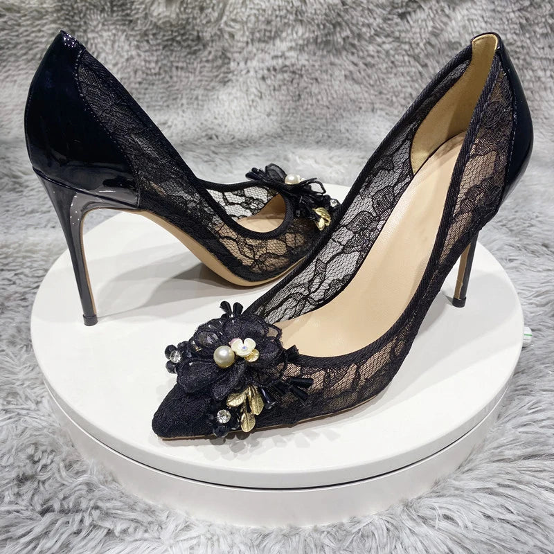 Floral Lace Mesh Pointy Toe High Heels for Women - Elegant Designer Stiletto