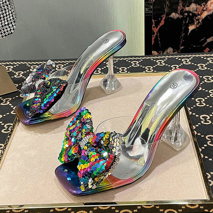 Clear PVC Crystal Heeled Women Slippers