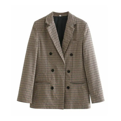 Fall women blazer jacket ladies tops office wear women korean plaid blazer vintage orange long blazer coat streetwear