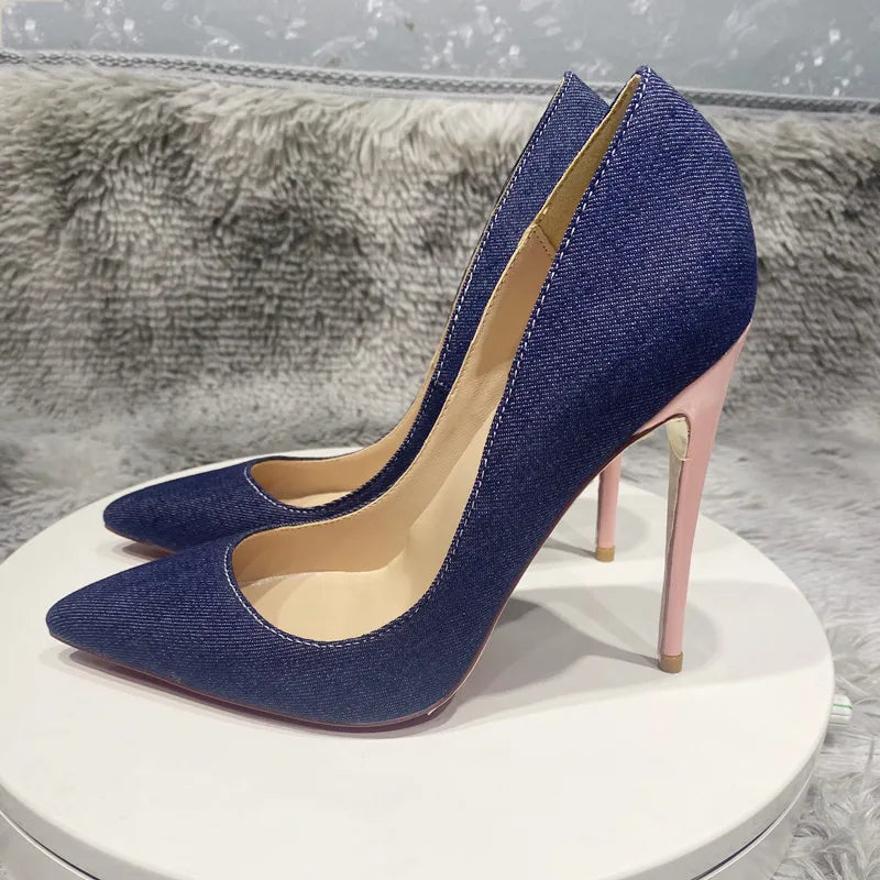 Blue Denim Jeans with Pointy Toe High Heel Shoes in Shiny Pink