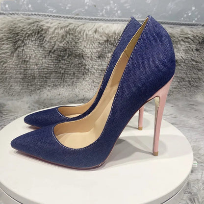 Blue Denim Jeans with Pointy Toe High Heel Shoes in Shiny Pink