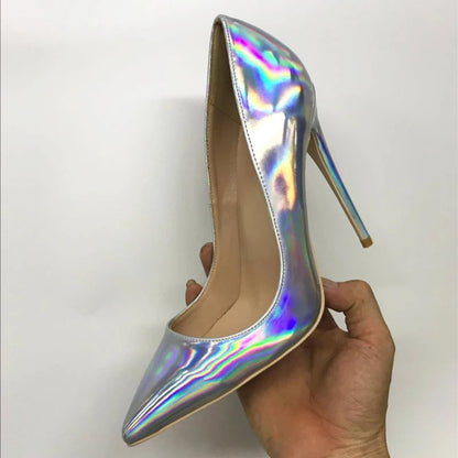 Shiny Silver Patent Women Pointy Toe High Heel Party Shoes