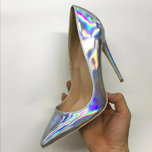 Shiny Silver Patent Women Pointy Toe High Heel Party Shoes