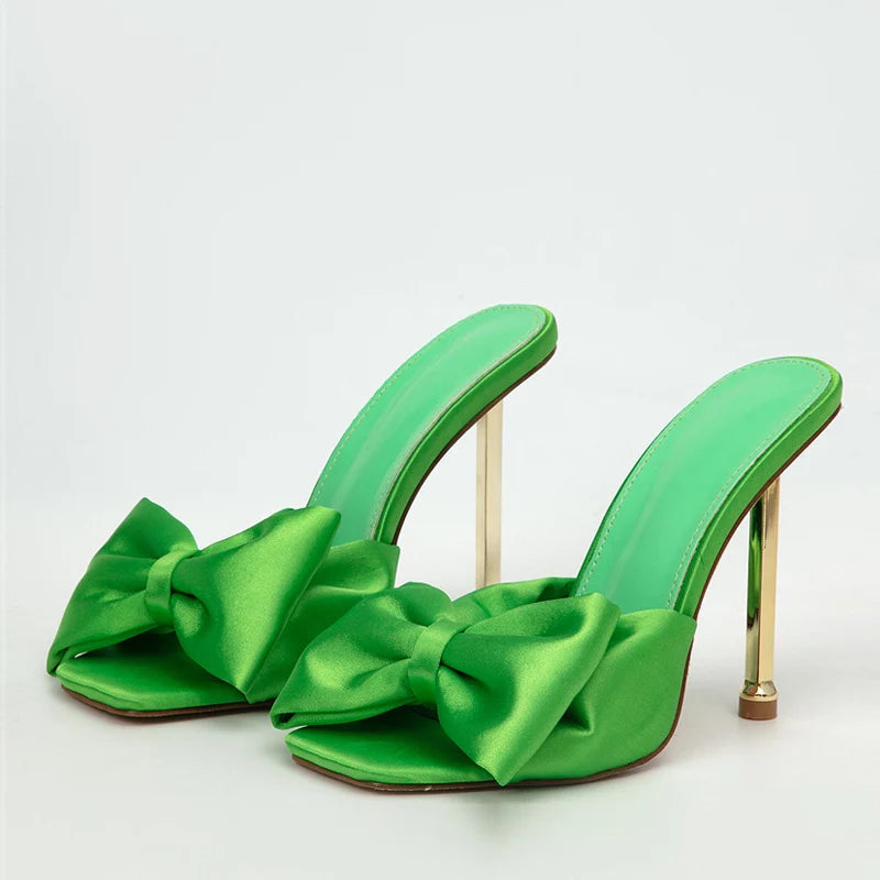 Metal High Heels Slippers with Silk Butterfly-Knot Design for Fashion Party