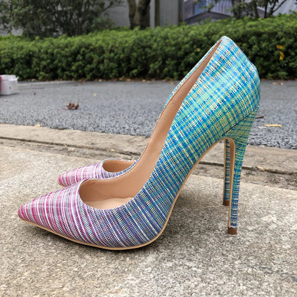 Gradient Color Plaid Print Patent Pointy Toe Stilettos for Women