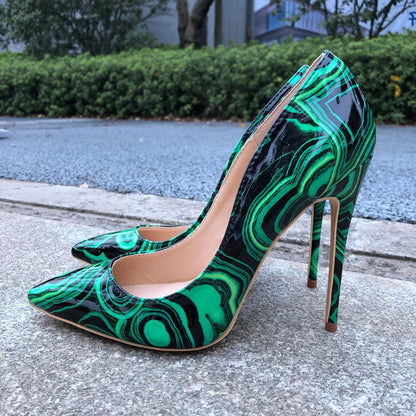Green Floral Print Patent Pumps with Slip On Pointed Toe Stilettos for Women