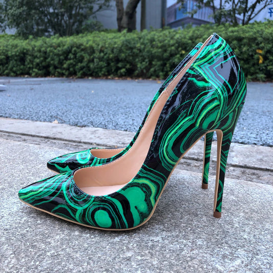 Green Floral Print Patent Pumps with Slip On Pointed Toe Stilettos for Women