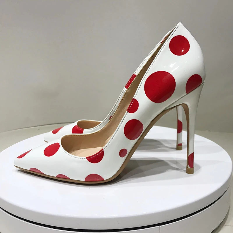 Red Polka Dot White Patent Pointy Toe High Heels for Women