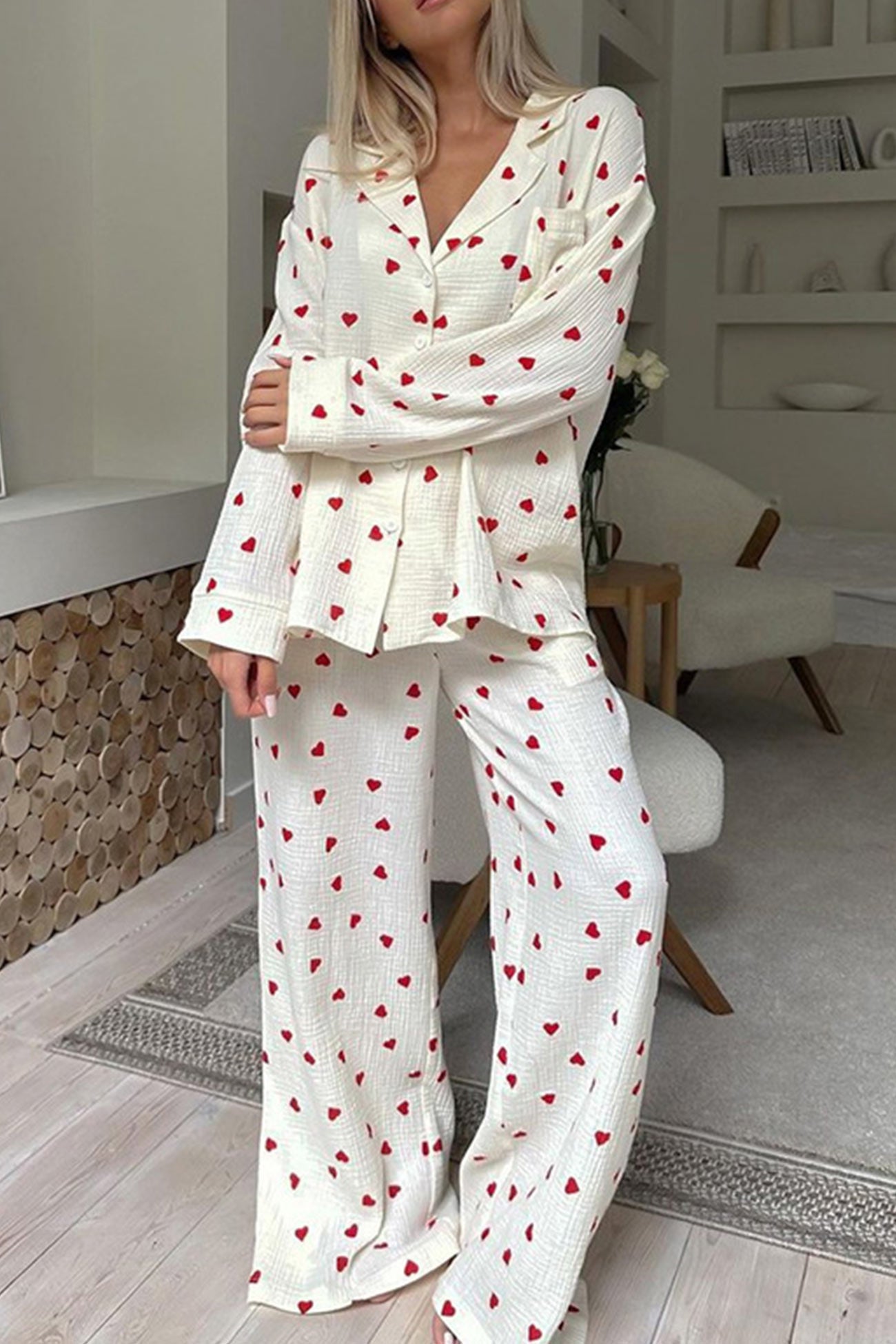 Heart Print Cotton Two-piece Loungewear