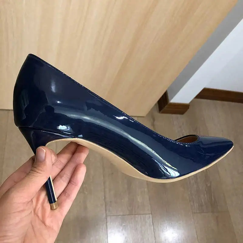 Navy Blue Patent Low Cut Pointy Toe Stiletto Pumps for Women