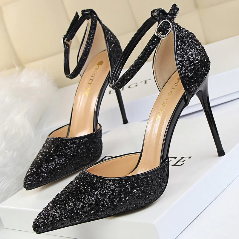 Sexy High Heels Sequins Women Pumps Fashion Wedding Shoes Hollow