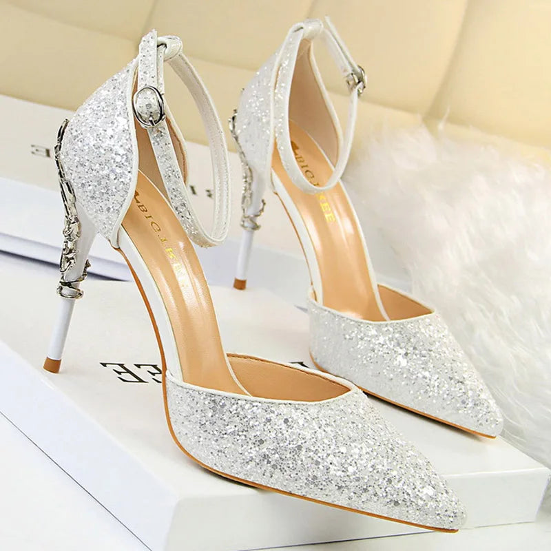 Sequined High Heel Stiletto Pumps in Gold and Silver