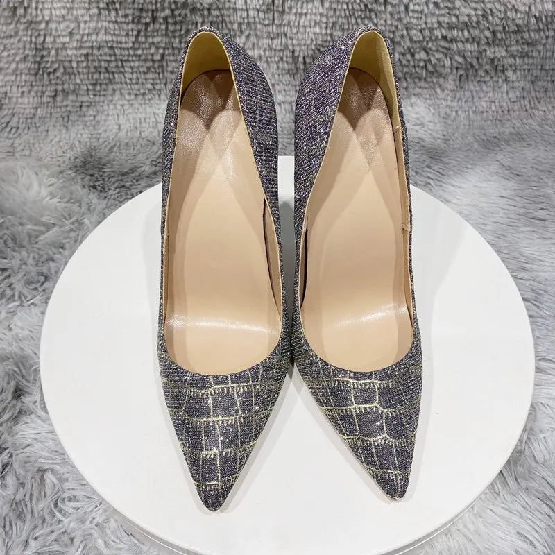 Green Glitter Embossed Crocodile Effect Pointy Toe High Heel Party Dress Shoes for Women