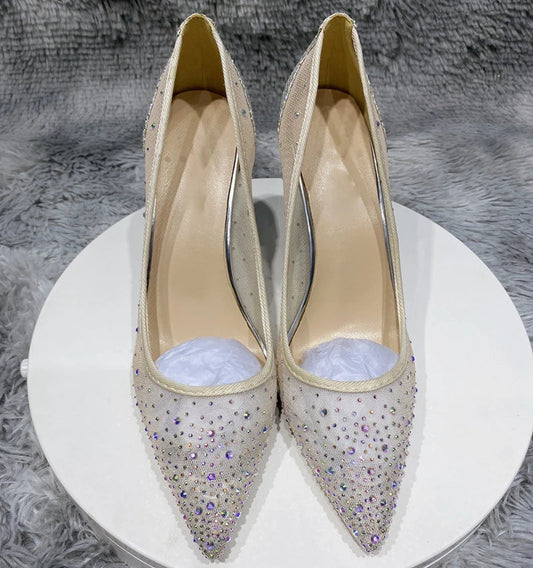 Silver Rhinestone Gauze Pointy Toe High Heel Wedding Party Bridal Shoes