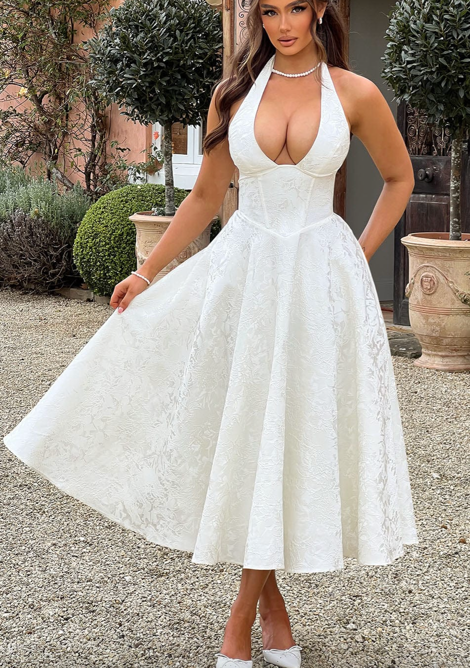 Jacquard Halter Deep V-Neck Corset Bodice Flared Midi Dress