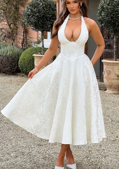 Jacquard Halter Deep V-Neck Corset Bodice Flared Midi Dress
