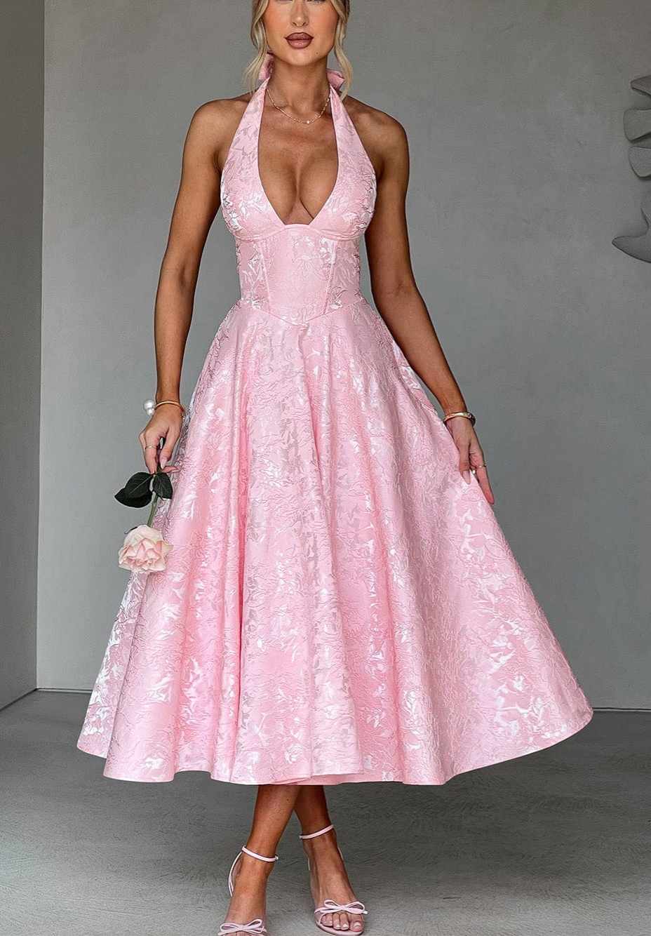 Jacquard Halter Deep V-Neck Corset Bodice Flared Midi Dress