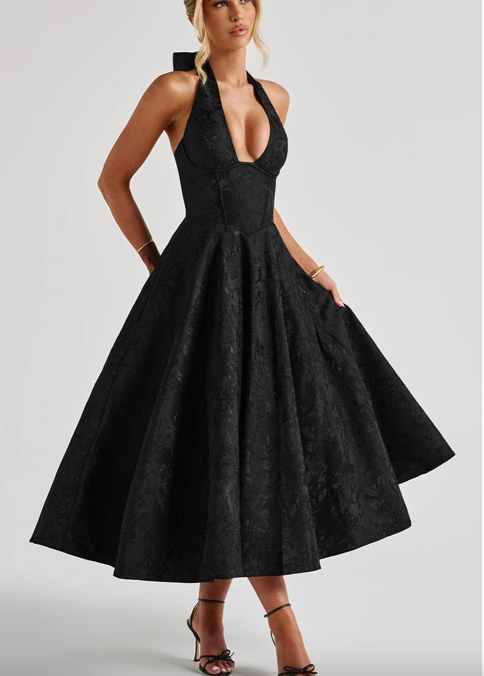 Jacquard Halter Deep V-Neck Corset Bodice Flared Midi Dress