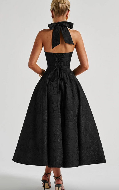 Jacquard Halter Deep V-Neck Corset Bodice Flared Midi Dress