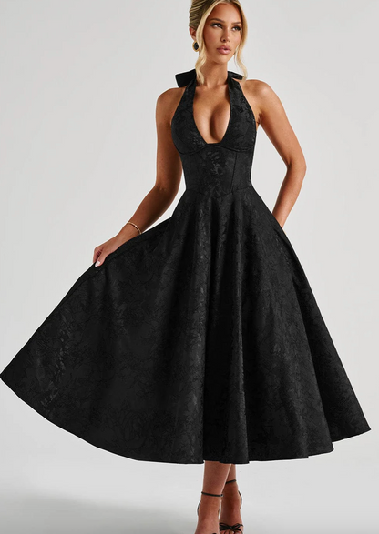 Jacquard Halter Deep V-Neck Corset Bodice Flared Midi Dress
