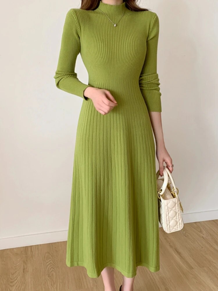 Rib Knit Mock Neck Long Sleeve A-Line Midi Dress