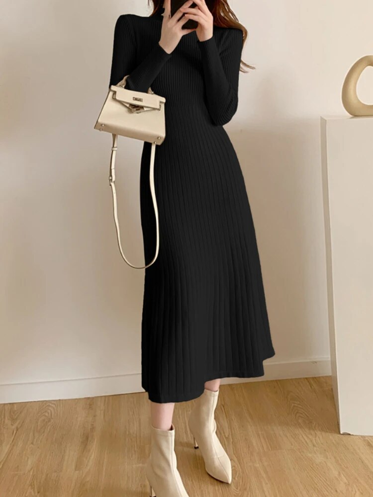 Rib Knit Mock Neck Long Sleeve A-Line Midi Dress