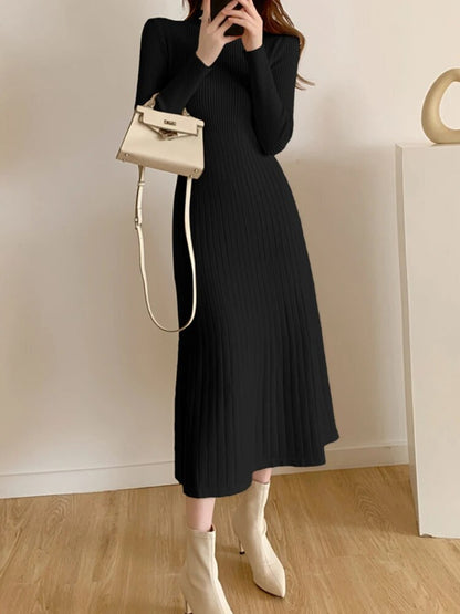 Rib Knit Mock Neck Long Sleeve A-Line Midi Dress