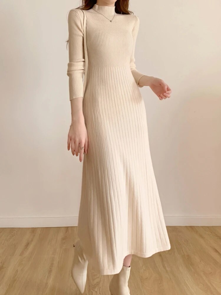 Rib Knit Mock Neck Long Sleeve A-Line Midi Dress
