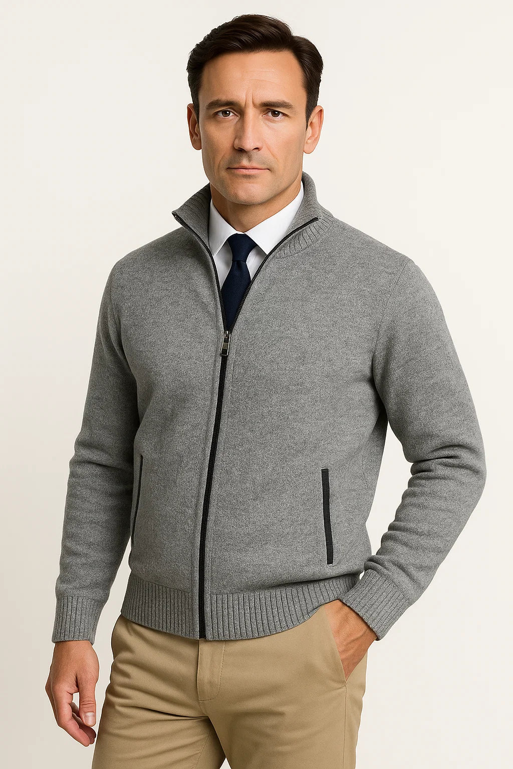 Full Zip Knit Cardigan | Stand Collar | Refined Rib Texture