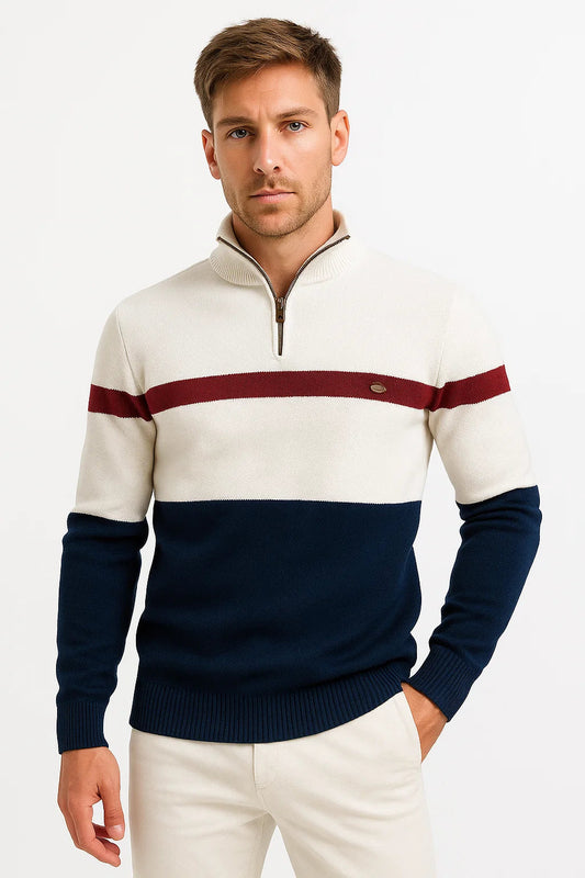 Half-Zip Knit Sweater | Colour Block Stripe Design