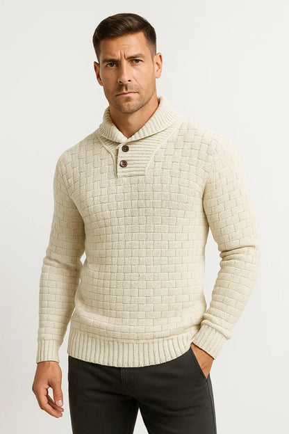 Maison Textured Knit Sweater | Shawl Collar | Button Detail