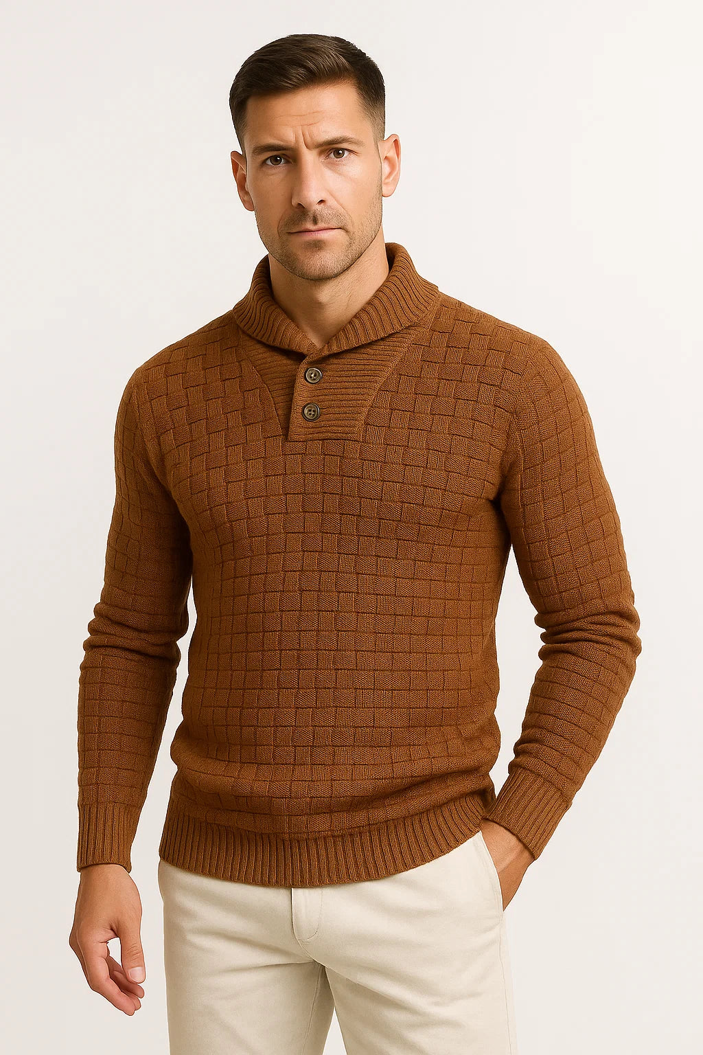 Maison Textured Knit Sweater | Shawl Collar | Button Detail