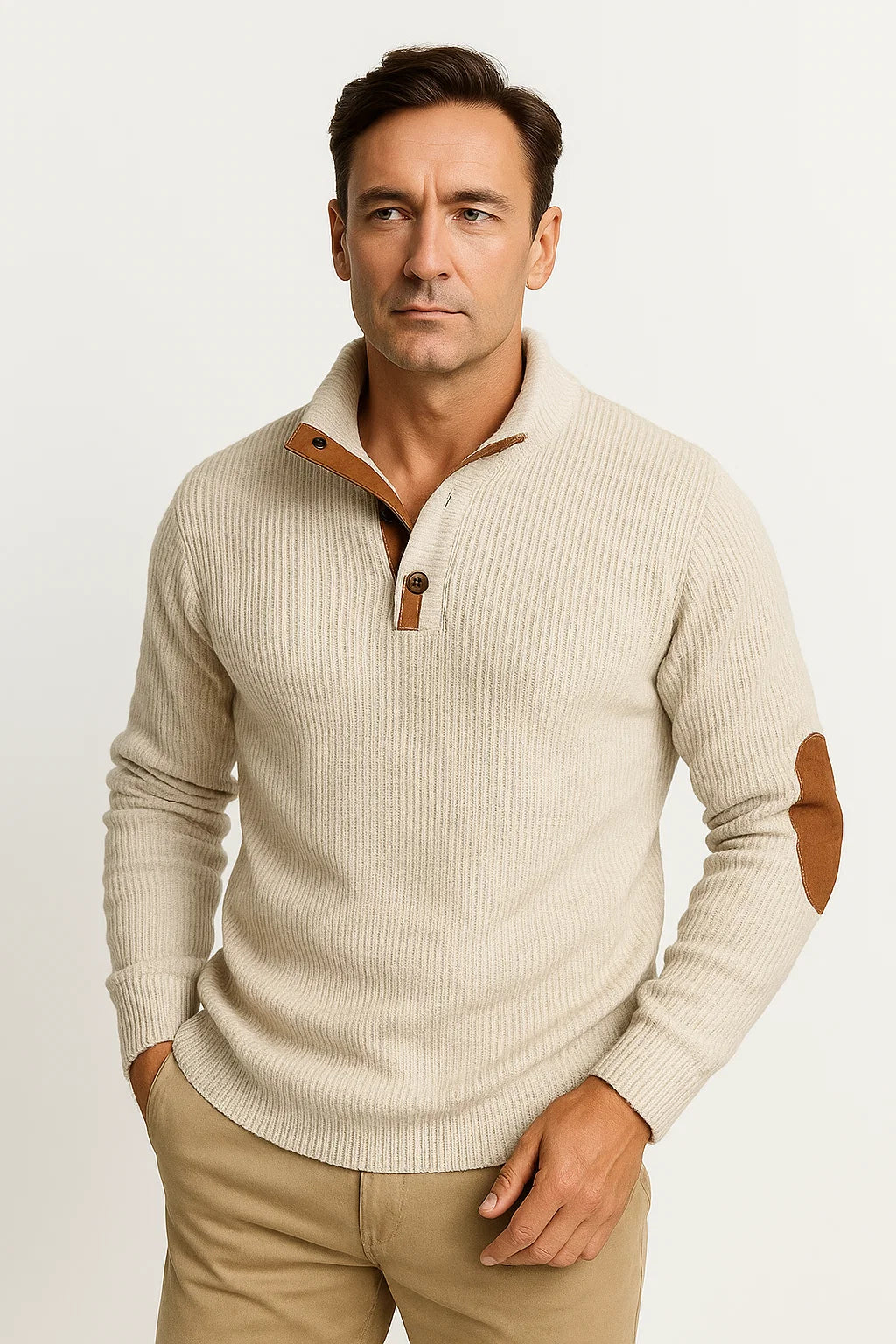 Men's Ribbed Knit Sweater | Button Collar & Suede Elbow Patches
