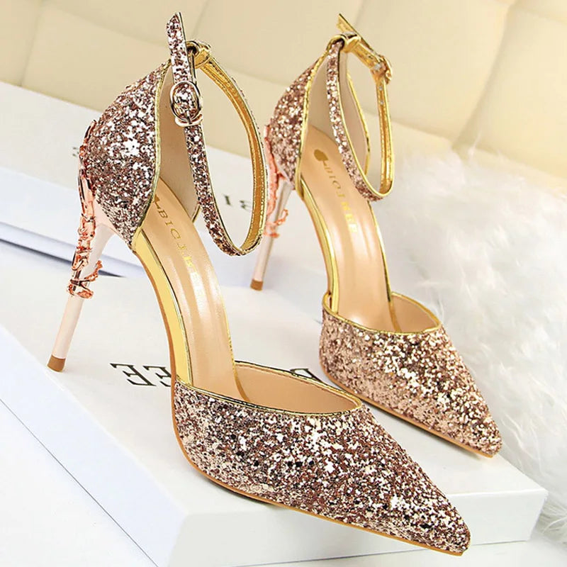 Sequined High Heel Stiletto Pumps in Gold and Silver