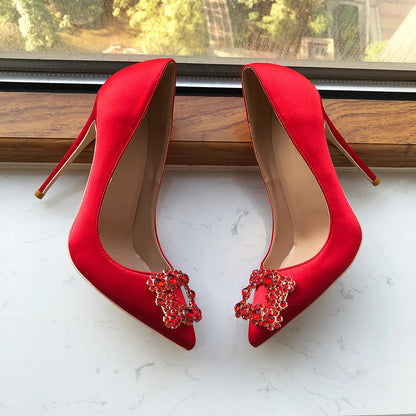 Red Silk Satin Pointy Toe High Heel with Square Rhinestones for Women